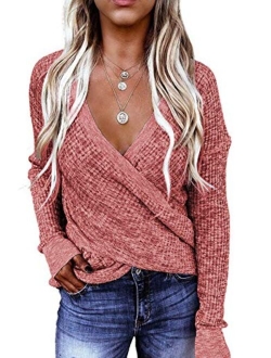 Womens Winter Deep V Neck Wrap Long Sleeve Knit Jumper Pullover Sweaters