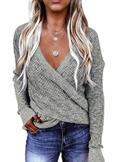 Womens Winter Deep V Neck Wrap Long Sleeve Knit Jumper Pullover Sweaters