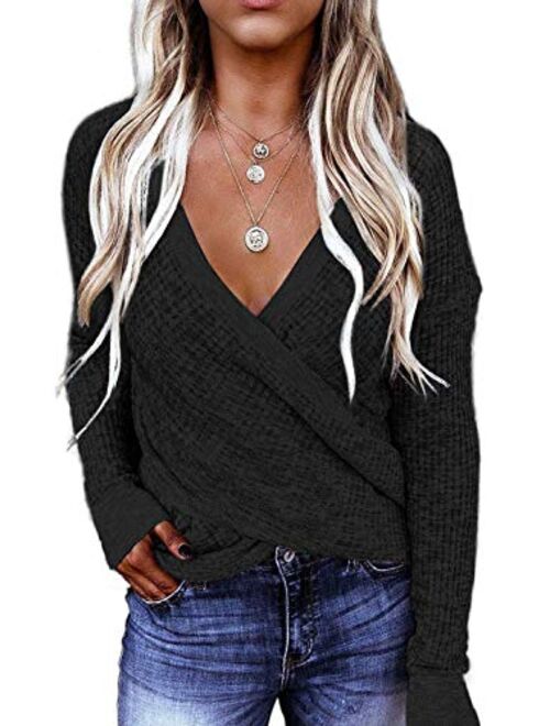 Dokotoo Womens Winter Deep V Neck Wrap Long Sleeve Knit Jumper Pullover Sweaters