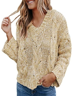 Womens Casual V Neck Long Sleeve Cable Knit Hooded Pullover Sweaters