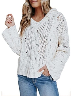 Womens Casual V Neck Long Sleeve Cable Knit Hooded Pullover Sweaters