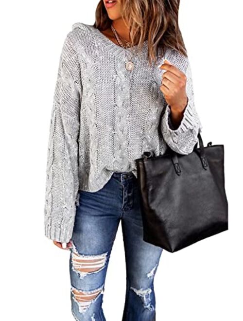 Dokotoo Womens Casual V Neck Long Sleeve Cable Knit Hooded Pullover Sweaters