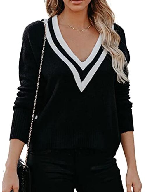 Dokotoo Cute Long Sleeve Sexy V Ncek Sweaters for Women Fashion Hand Knitted Sweater Tops