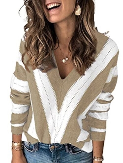 Womens Sexy V Neck Sweaters Autumn Long Sleeve Striped Sweater Tops Loose Pullover Knited Sweater