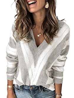 Womens Sexy V Neck Sweaters Autumn Long Sleeve Striped Sweater Tops Loose Pullover Knited Sweater