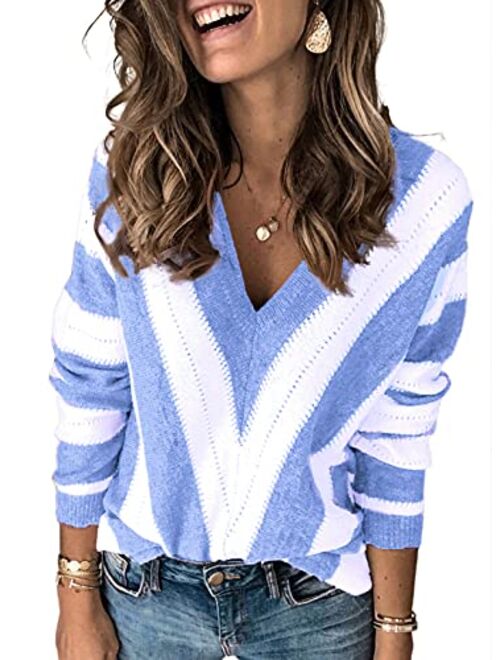 Dokotoo Womens Sexy V Neck Sweaters Autumn Long Sleeve Striped Sweater Tops Loose Pullover Knited Sweater