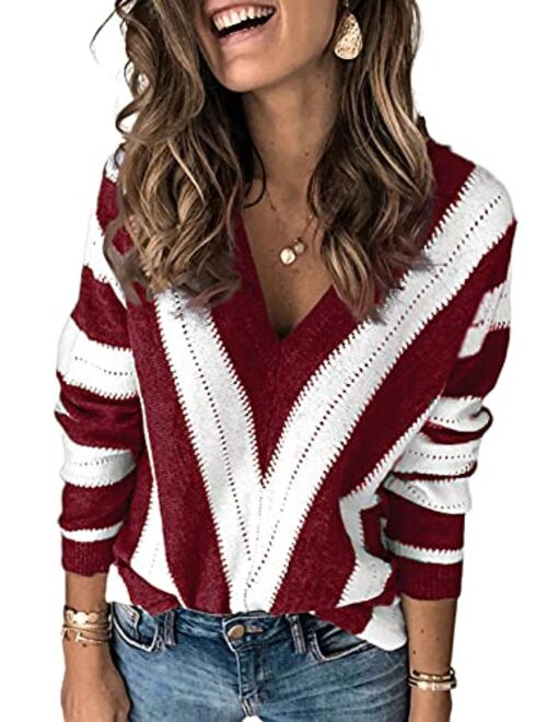 Dokotoo Womens Sexy V Neck Sweaters Autumn Long Sleeve Striped Sweater Tops Loose Pullover Knited Sweater