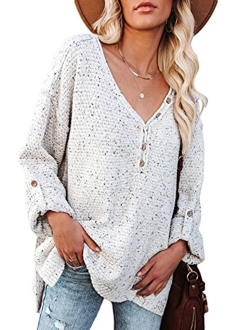 Womens Button V Neck Sweaters Long Sleeve Cable Knit Pullover Sweater Tops