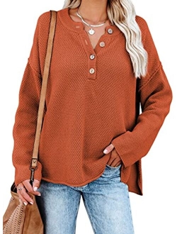 Womens Button V Neck Sweaters Long Sleeve Cable Knit Pullover Sweater Tops