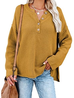 Womens Button V Neck Sweaters Long Sleeve Cable Knit Pullover Sweater Tops