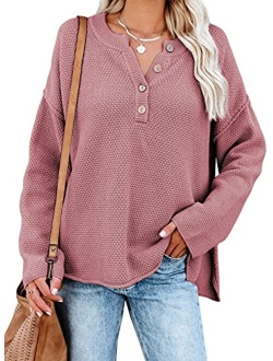 Womens Button V Neck Sweaters Long Sleeve Cable Knit Pullover Sweater Tops