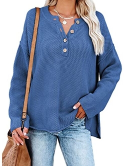 Womens Button V Neck Sweaters Long Sleeve Cable Knit Pullover Sweater Tops