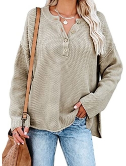 Womens Button V Neck Sweaters Long Sleeve Cable Knit Pullover Sweater Tops