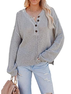 Womens Button V Neck Sweaters Long Sleeve Cable Knit Pullover Sweater Tops