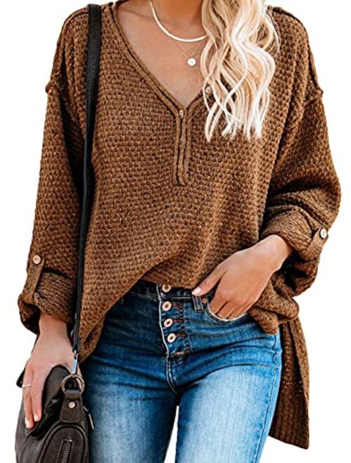 Dokotoo Womens Button V Neck Sweaters Long Sleeve Cable Knit Pullover Sweater Tops