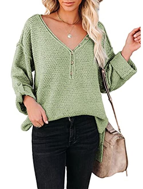 Dokotoo Womens Button V Neck Sweaters Long Sleeve Cable Knit Pullover Sweater Tops