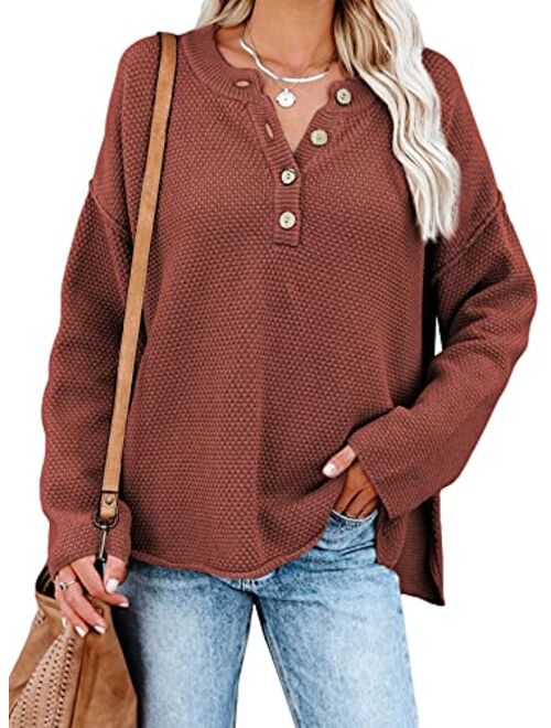 Dokotoo Womens Button V Neck Sweaters Long Sleeve Cable Knit Pullover Sweater Tops