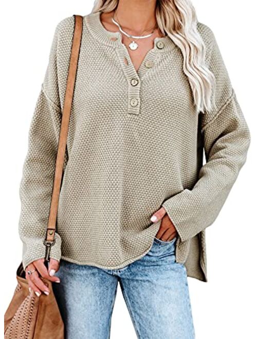 Dokotoo Womens Button V Neck Sweaters Long Sleeve Cable Knit Pullover Sweater Tops