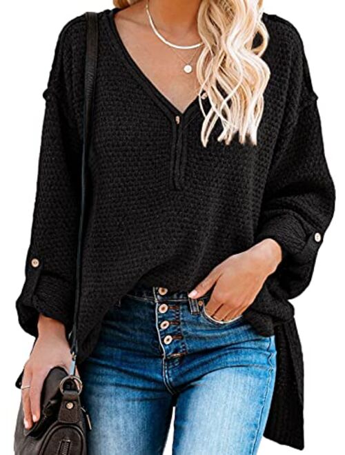 Dokotoo Womens Button V Neck Sweaters Long Sleeve Cable Knit Pullover Sweater Tops