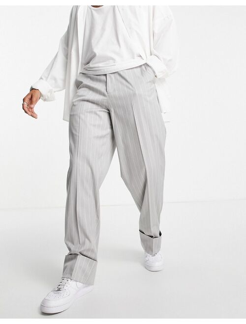 ASOS DESIGN wide leg smart pant with deep turn up in gray heather pin stripe