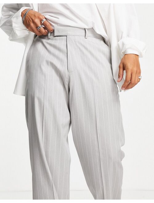 ASOS DESIGN wide leg smart pant with deep turn up in gray heather pin stripe