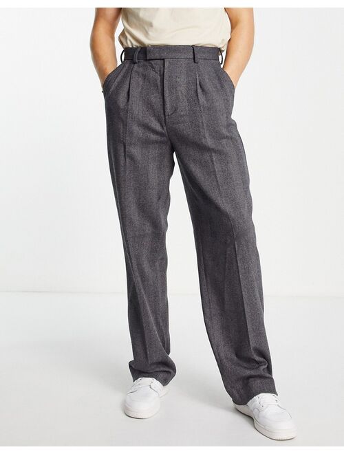 ASOS DESIGN wool mix wide leg smart pants in charcoal herringbone