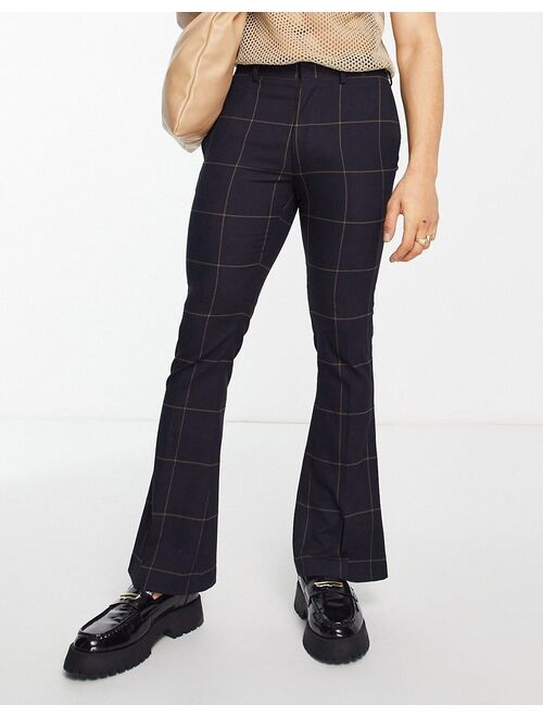 ASOS DESIGN skinny flared smart pants in navy and rust windowpane check