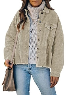 Womens Corduroy Jackets Button Down Long Sleeve Casual Shacket Coats Outwear