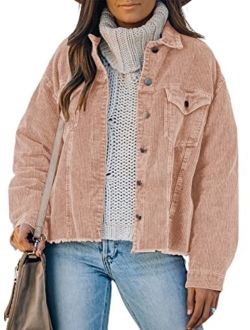 Womens Corduroy Jackets Button Down Long Sleeve Casual Shacket Coats Outwear