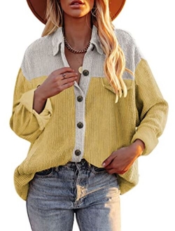 Womens Corduroy Long Sleeve Button Down Shirts Casual Jacket Tops Shacket