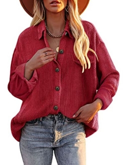 Womens Corduroy Long Sleeve Button Down Shirts Casual Jacket Tops Shacket