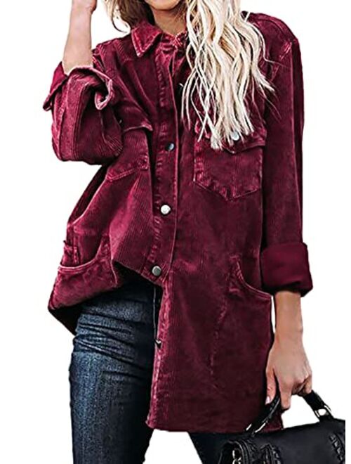 Dokotoo Womens Corduroy Long Sleeve Button Down Shirts Casual Jacket Tops Shacket