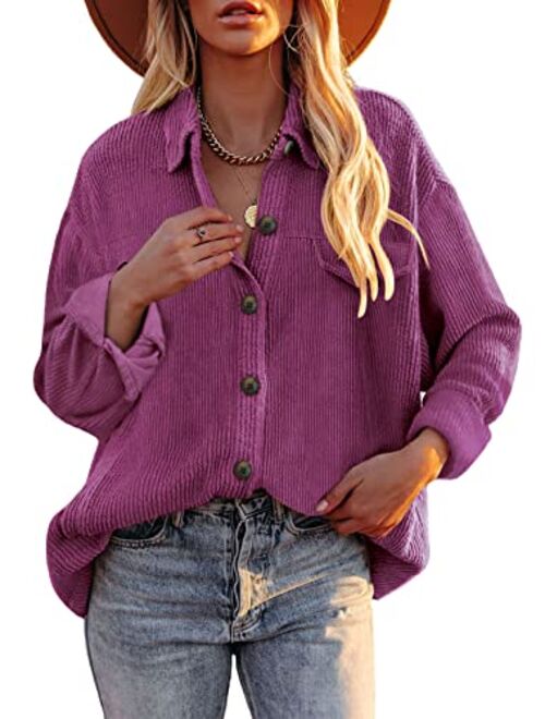 Dokotoo Womens Corduroy Long Sleeve Button Down Shirts Casual Jacket Tops Shacket