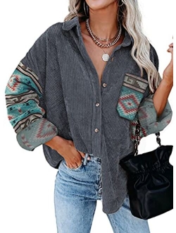 Womens Shacket Contrast Patchwork Corduroy Shirt Long Sleeve Button Down Shirts Oversized Blouses Tops Jacket