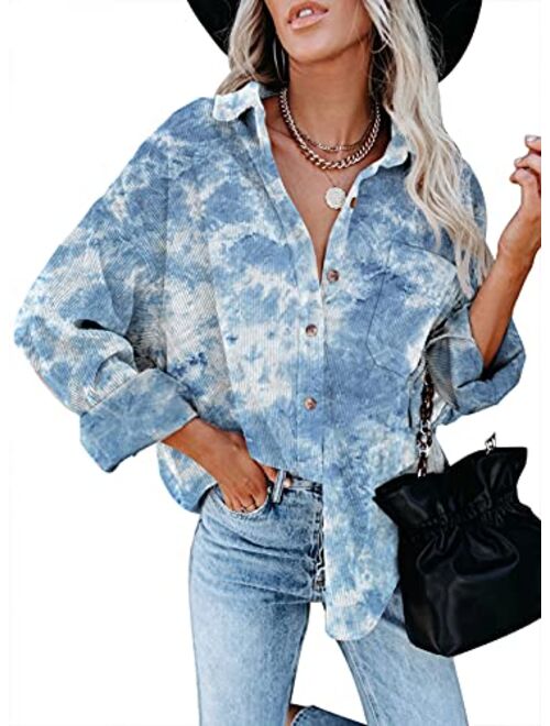 Dokotoo Womens Shacket Contrast Patchwork Corduroy Shirt Long Sleeve Button Down Shirts Oversized Blouses Tops Jacket