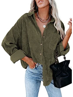 Womens Corduroy Button Down Shirts Boyfriend Long Sleeve Oversized Blouses Tops