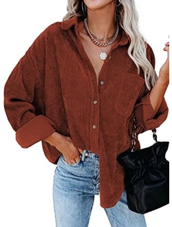 Womens Corduroy Button Down Shirts Boyfriend Long Sleeve Oversized Blouses Tops