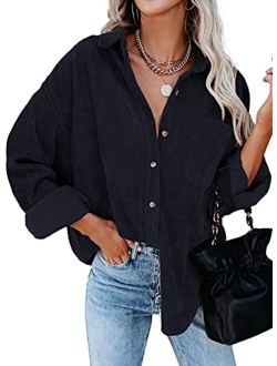 Womens Corduroy Button Down Shirts Boyfriend Long Sleeve Oversized Blouses Tops