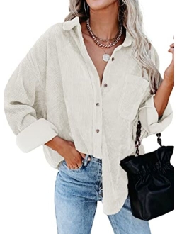 Womens Corduroy Button Down Shirts Boyfriend Long Sleeve Oversized Blouses Tops