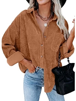 Womens Corduroy Button Down Shirts Boyfriend Long Sleeve Oversized Blouses Tops