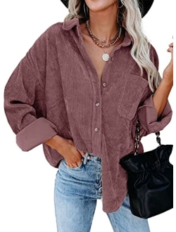 Womens Corduroy Button Down Shirts Boyfriend Long Sleeve Oversized Blouses Tops