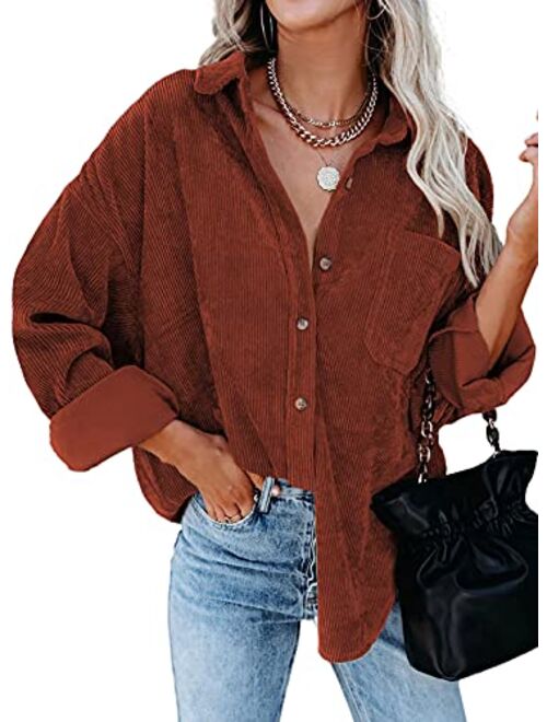 Dokotoo Womens Corduroy Button Down Shirts Boyfriend Long Sleeve Oversized Blouses Tops