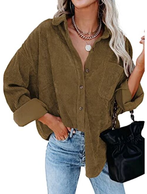 Dokotoo Womens Corduroy Button Down Shirts Boyfriend Long Sleeve Oversized Blouses Tops