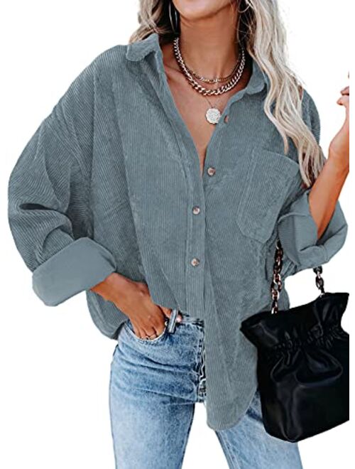 Dokotoo Womens Corduroy Button Down Shirts Boyfriend Long Sleeve Oversized Blouses Tops