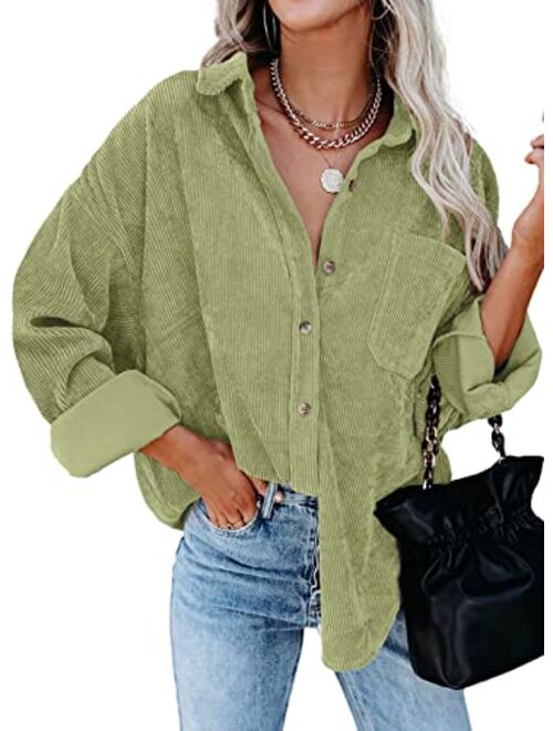 Dokotoo Womens Corduroy Button Down Shirts Boyfriend Long Sleeve Oversized Blouses Tops