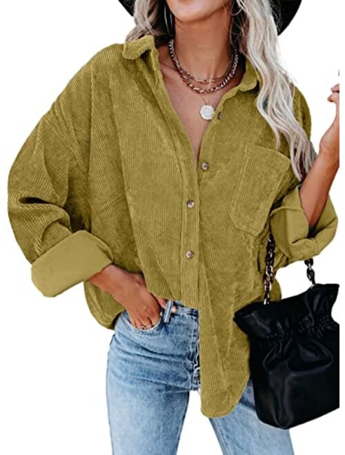 Dokotoo Womens Corduroy Button Down Shirts Boyfriend Long Sleeve Oversized Blouses Tops