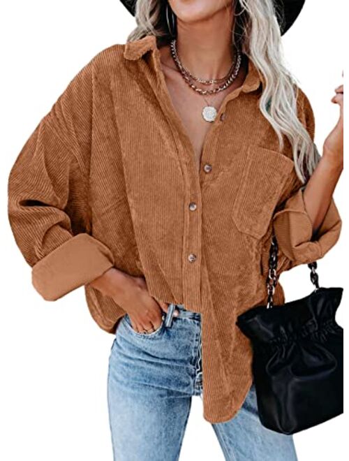 Dokotoo Womens Corduroy Button Down Shirts Boyfriend Long Sleeve Oversized Blouses Tops