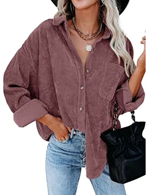 Dokotoo Womens Corduroy Button Down Shirts Boyfriend Long Sleeve Oversized Blouses Tops