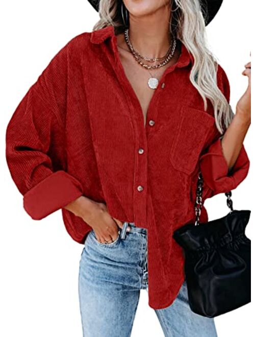 Dokotoo Womens Corduroy Button Down Shirts Boyfriend Long Sleeve Oversized Blouses Tops