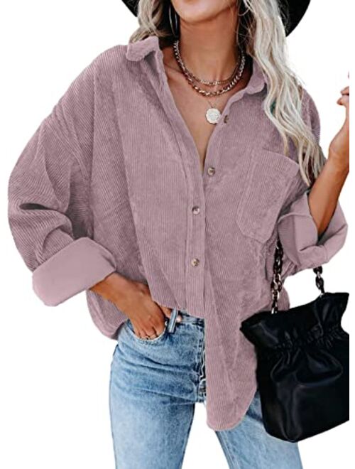 Dokotoo Womens Corduroy Button Down Shirts Boyfriend Long Sleeve Oversized Blouses Tops